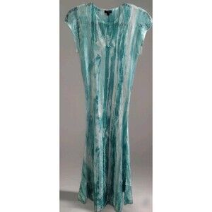 Komarov Crinkle Pleated Abstract Print Midi Dress NWT Size L Teal White Wedding
